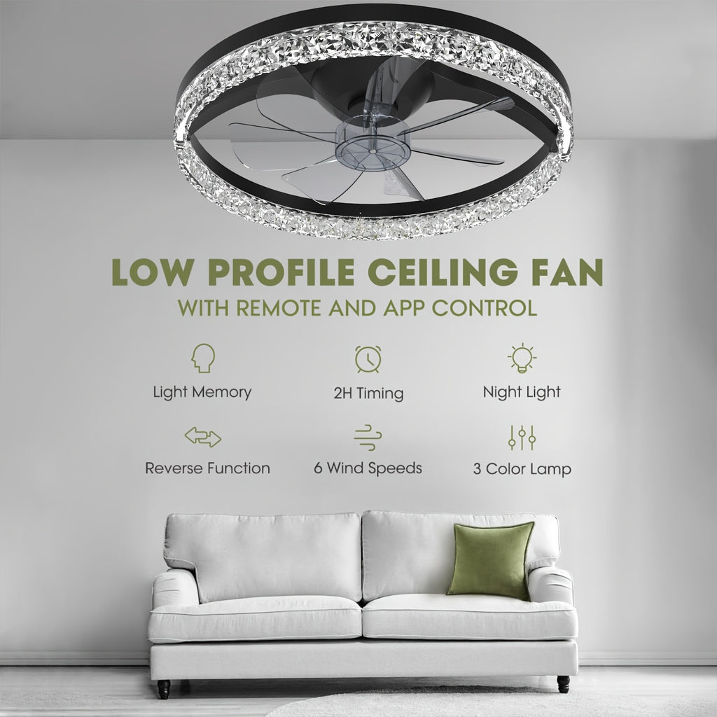 Beichen 20 Inch Modern LED Ceiling Fan with Light Low Profile Flush Mount Fandelier Remote Control APP Dimmable 6 Speeds Stepless Color Temperature