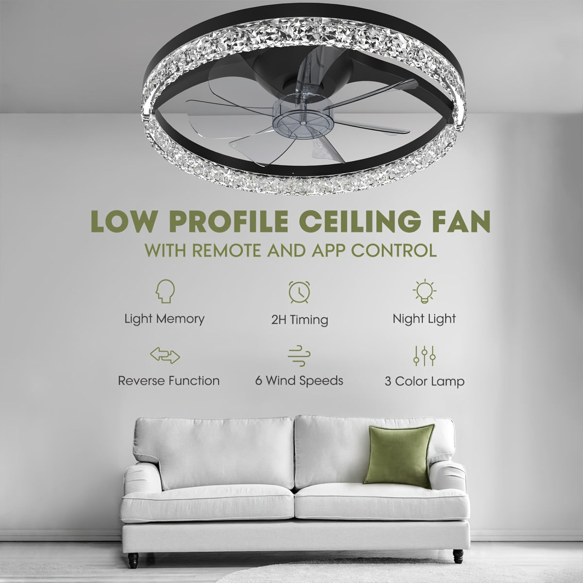 Beichen 20 Inch Modern LED Ceiling Fan with Light Low Profile Flush Mount Fandelier Remote Control APP Dimmable 6 Speeds Stepless Color Temperature