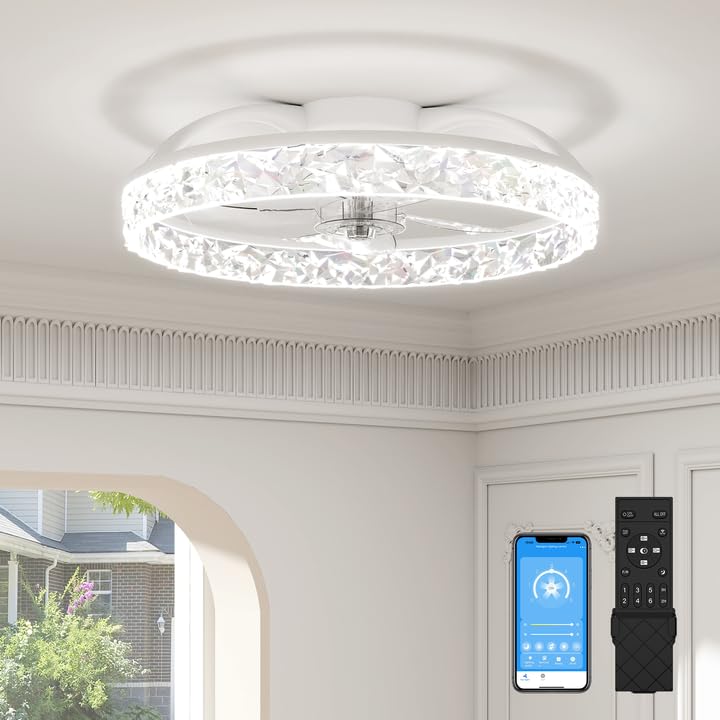 Beichen 20 Inch Flush Mount Ceiling Fan with Light, Crystal Fandelier, Stepless Color Temperature, 6 Speeds, Remote Control for Bedroom & Living Room