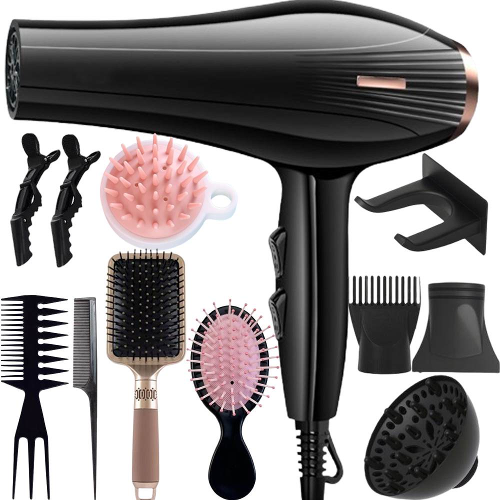 Morfone 12pcs-in-1 multi-function hair dryer with comb and hair clips, featuring high power and capable of both heating and cooling.