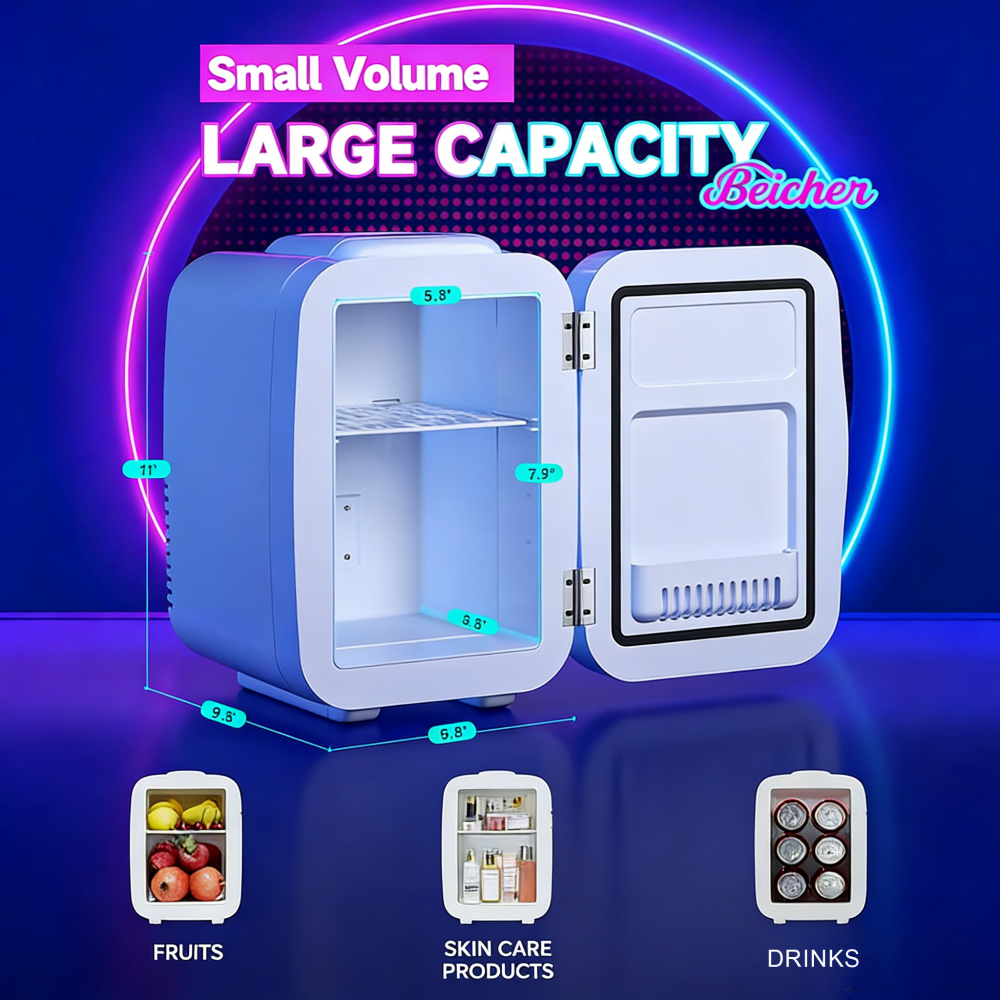 BEICHEN 4L Mini Fridge Adjustable LED Lighting Dual Temperature Operation Bedroom Office Game Room