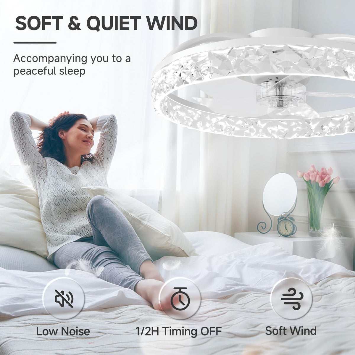 Beichen 20 Inch Flush Mount Ceiling Fan with Light, Crystal Fandelier, Stepless Color Temperature, 6 Speeds, Remote Control for Bedroom & Living Room