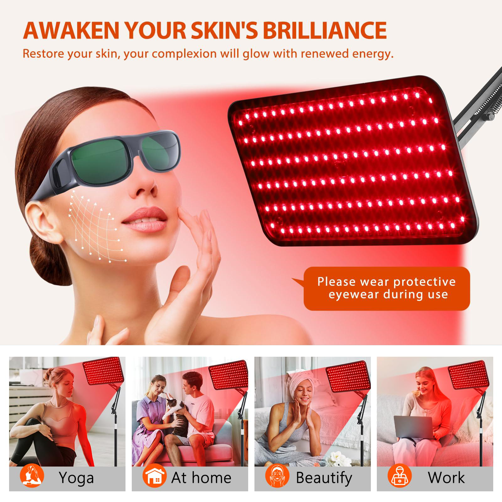 Morfone 120 LED Red Light Therapy Device with 660nm, 850nm, and 940nm Wavelengths. Suitable for body and facial care. Equipped with glasses