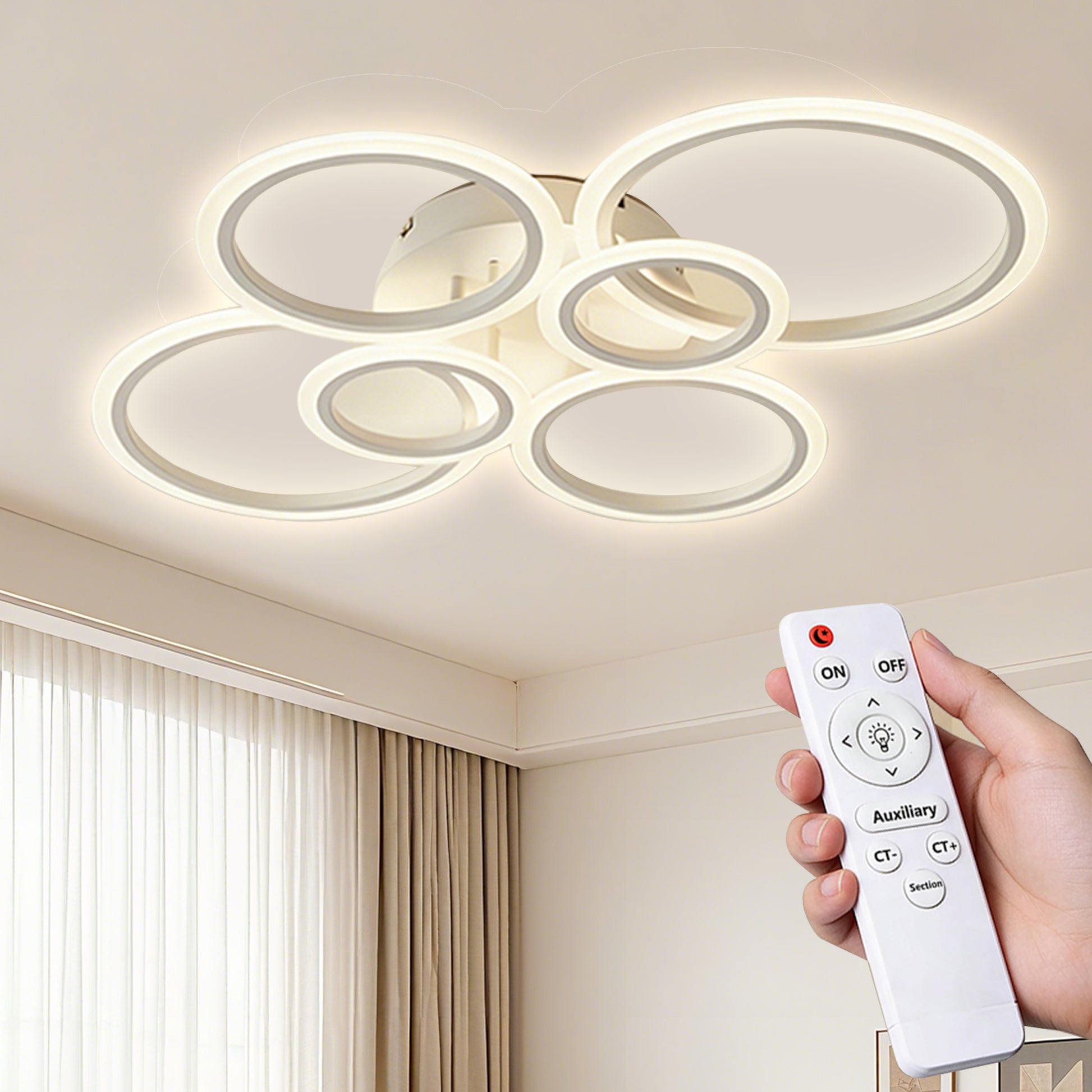 Anoak LED Ceiling Light with Remote 7 Rings White Close to Ceiling Lights 31.8" 130W 3000K-6500K Flush Mount Ceiling Lamp for Living Room,Bedroom,Kitchen