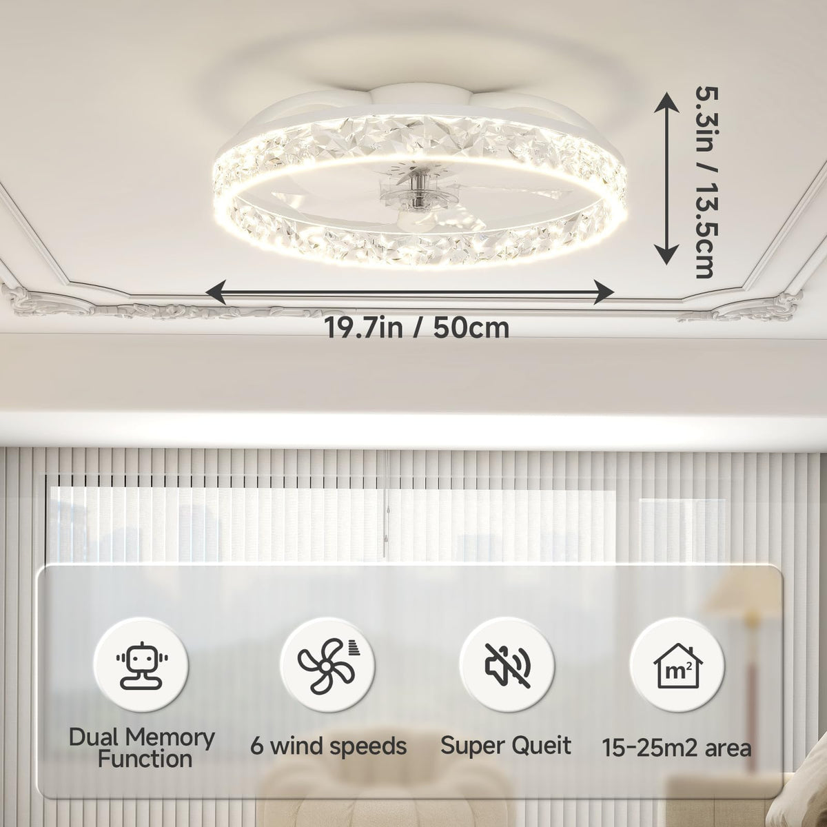 Beichen 20 Inch Flush Mount Ceiling Fan with Light, Crystal Fandelier, Stepless Color Temperature, 6 Speeds, Remote Control for Bedroom & Living Room