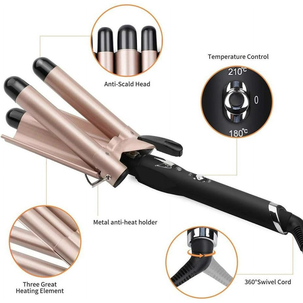 Morfone 22mm Triple Barrel Curling Iron with Ceramic Coating and Adjustable Temperature (Gold)