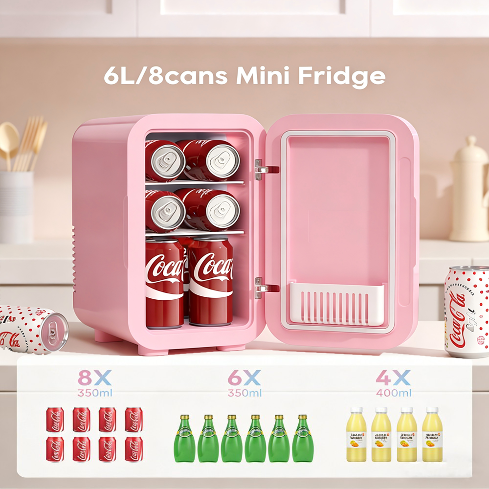 Morfone 6L Pink Mini Fridge 110V AC/12V DC Home & Car Use Dual Temperature Control For Skincare Products, Snacks, and Beverages