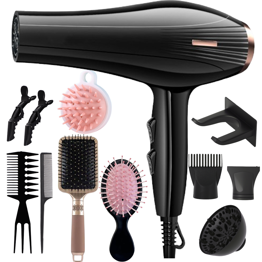 Morfone Black 12-piece Hair Dryer Set. Hair styling tools equipped with accessories such as combs, clips, and hair dryers. As a gift set