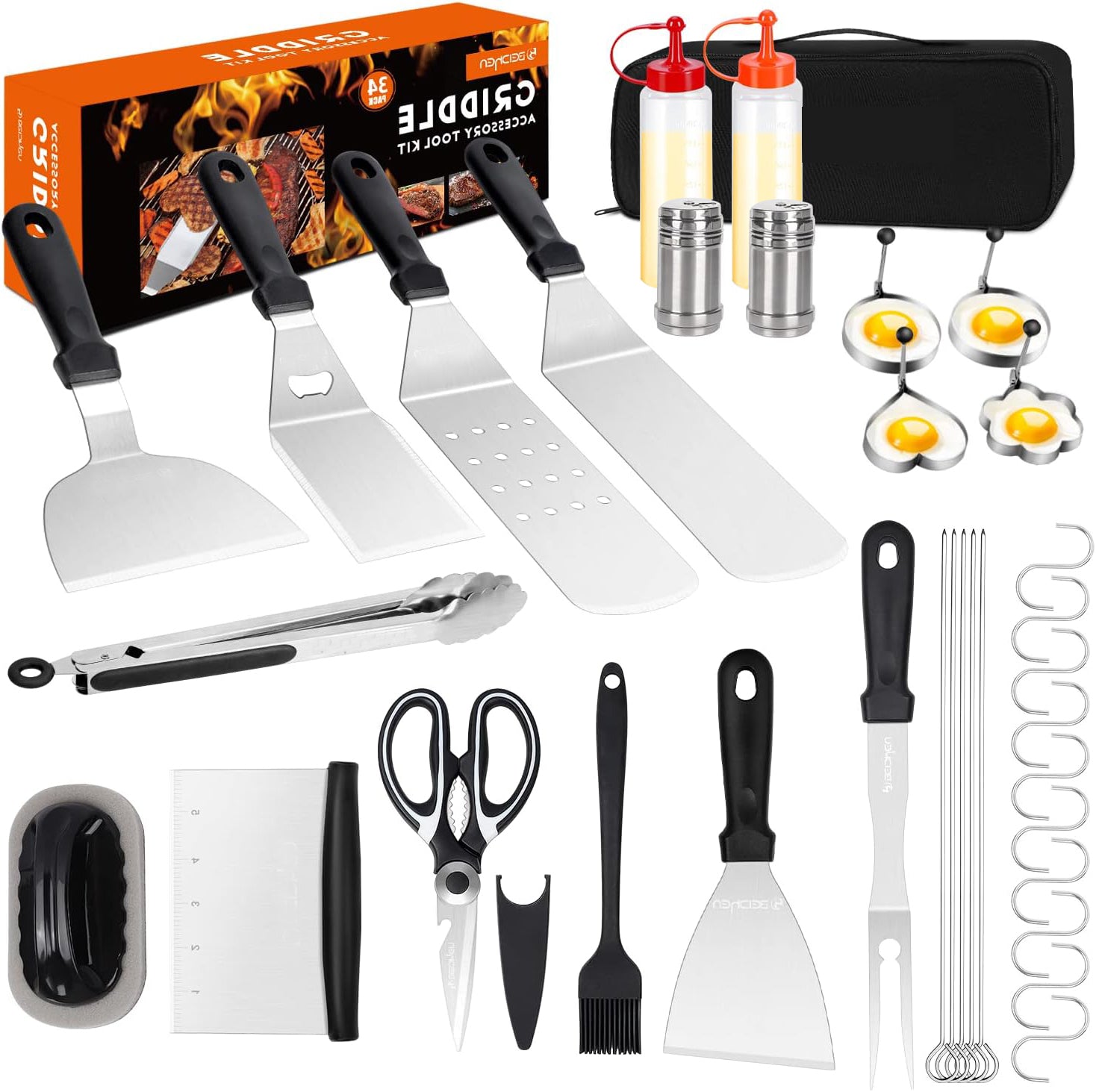 Anoak 34PCS Griddle Accessories Kit, Flat Top Grill Accessories Set for Blackstone and Camp Chef, Grill Spatula Set with Enlarged Spatulas, Basting Cover, Scraper for Outdoor Barbecue