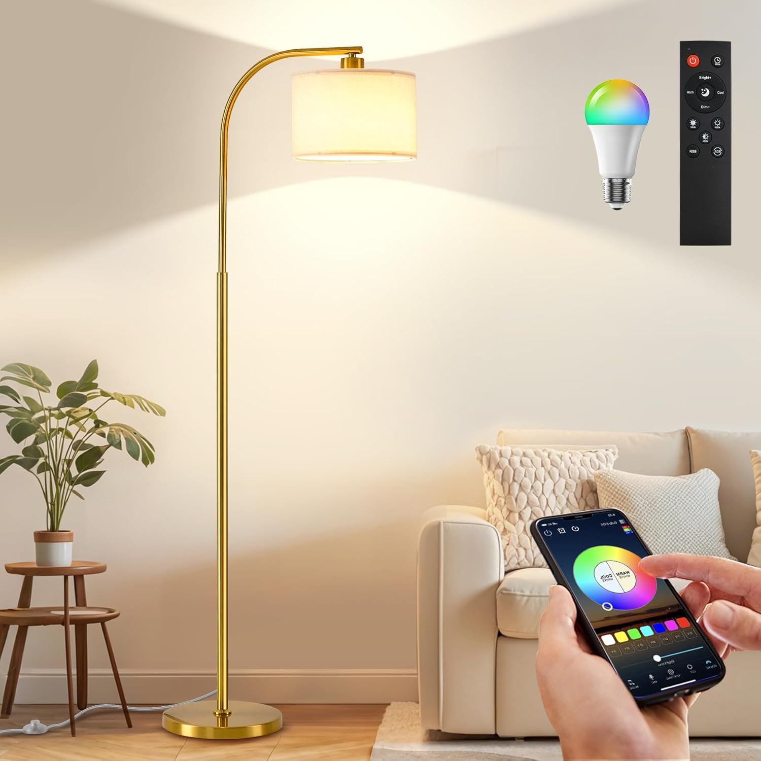 ACMETOP Floor Lamp for Living Room with Remote,Dimmable Tall Standing Lamps,Modern Floor Light with Smart RGB Bulb,App Control,3 Color Temperatures,Fabric Shades