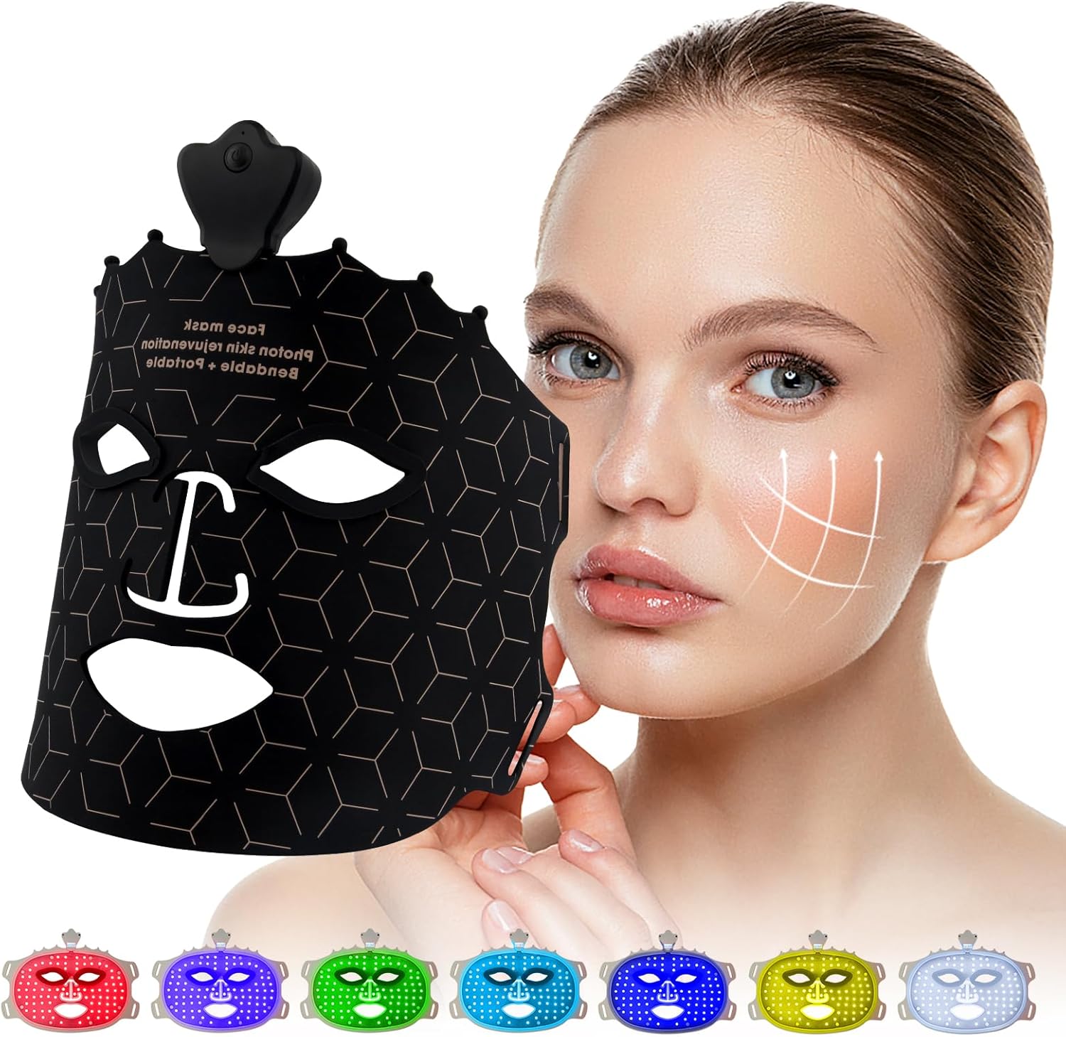 Morfone 9 Color LED Face Mask, Wireless LED Face Mask  with Eye Cushion, Lightweight Soft Silicone Red Light Mask for Face, Black