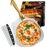 Pizza Peel Aluminum Pizza Spatula, Mooues 12 inch Metal Pizza Paddle(12"x 14")with Rocker Cutter Foldable Wood Handle, [Storage bag included], for Family Pizza Oven Baking Pizza, Dough, Bread & Pastry