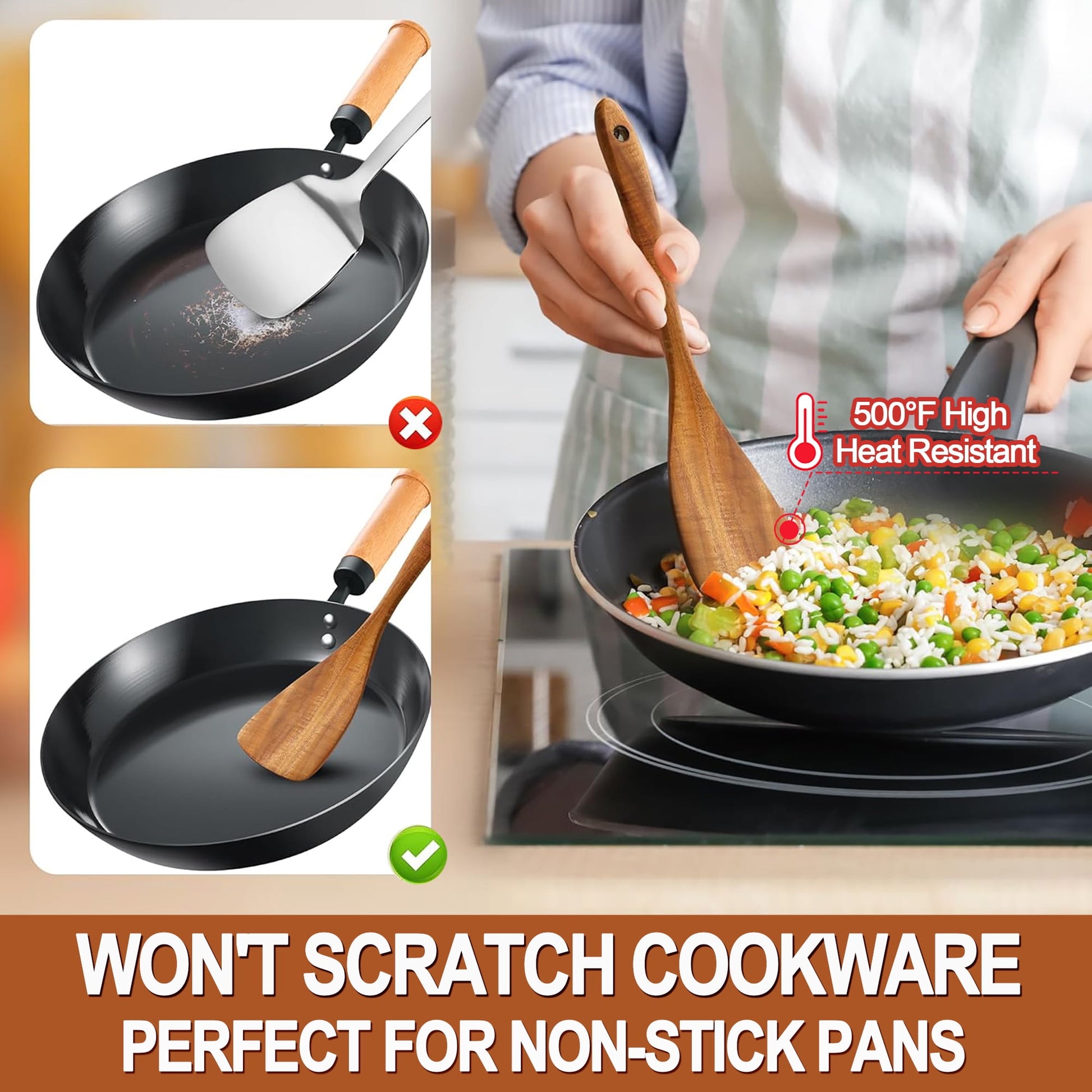 ACMETOP Wooden Spoons for Cooking, 9 Pcs Natural Teak Kitchen Utensil Set with Utensils Holder & Spoon Rest, Wooden Cooking Utensils for Nonstick Pans & Cookware