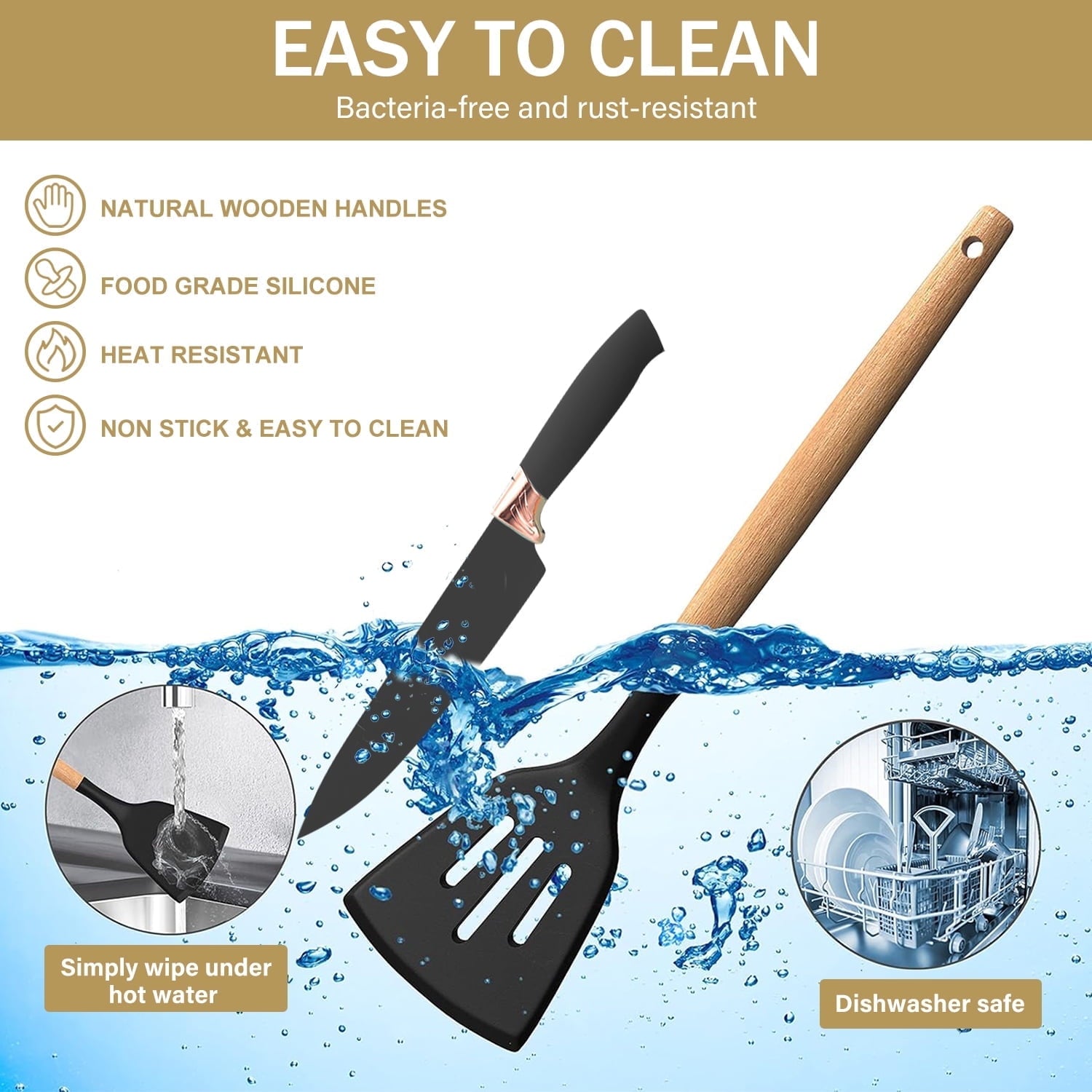 ACMETOP 19 Pieces Kitchen Utensils Set-11 Silicone Cooking Utensils Set, 6 Stainless Steel Sharp Knife set, 2 Cutting Board and Holder (Pink)