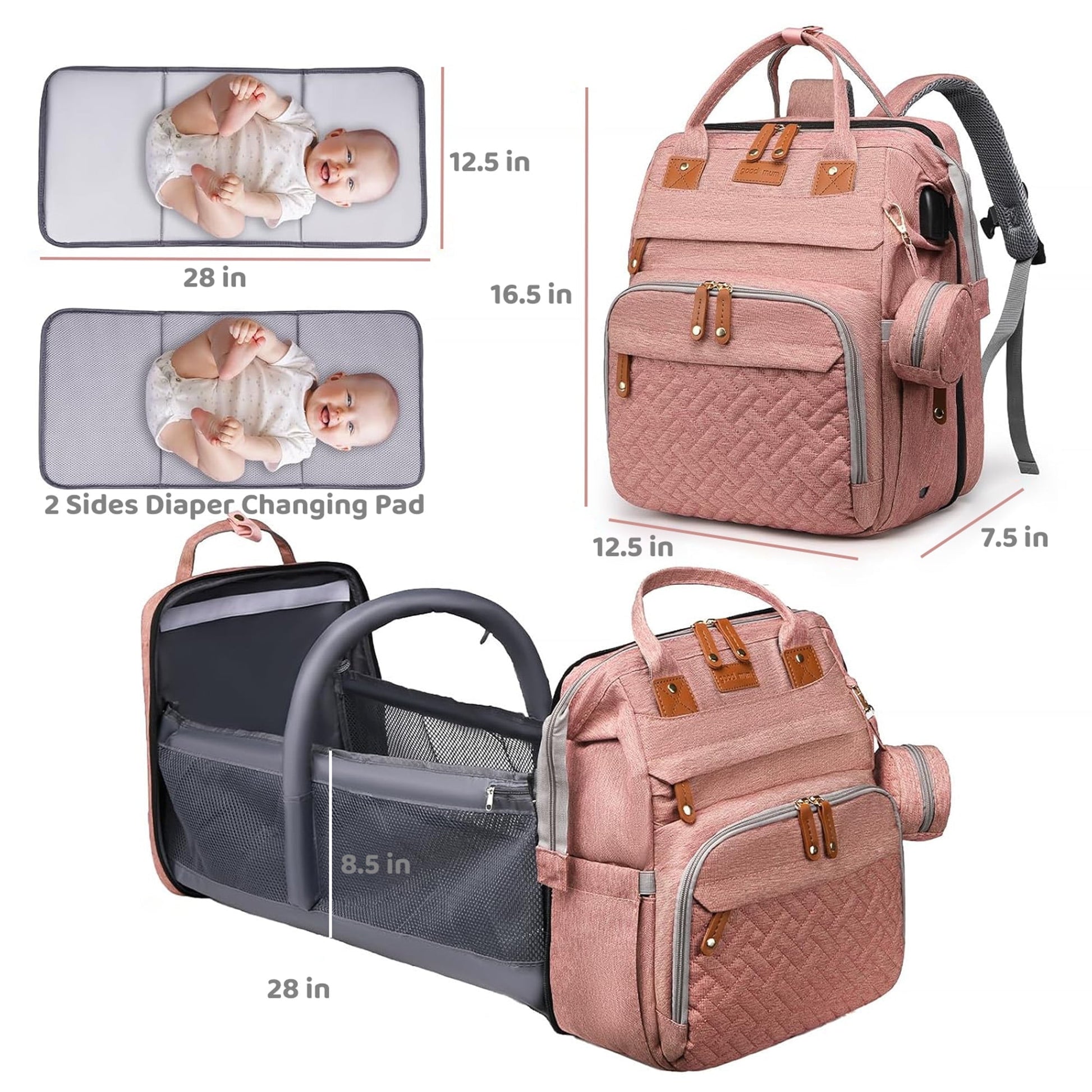 Morfone Baby Diaper Bag Backpack with Changing Station, Large Capacity Baby Bag, Waterproof Travel Backpack with USB Charging Port, Stroller Straps , Baby Shower Gifts