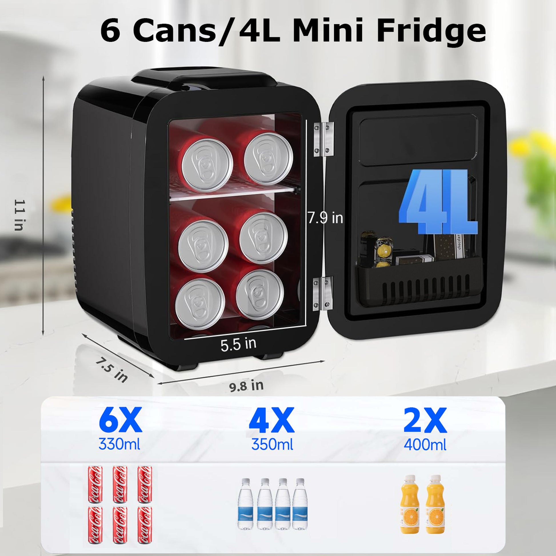 BEICHEN Mini Fridge, 4L/6 Can Small Refrigerator for Bedroom, Car, Office & Dorm,110V AC/ 12V DC Thermoelectric Cooler and Warmer for Cosmetics, Beverage and Food, Black