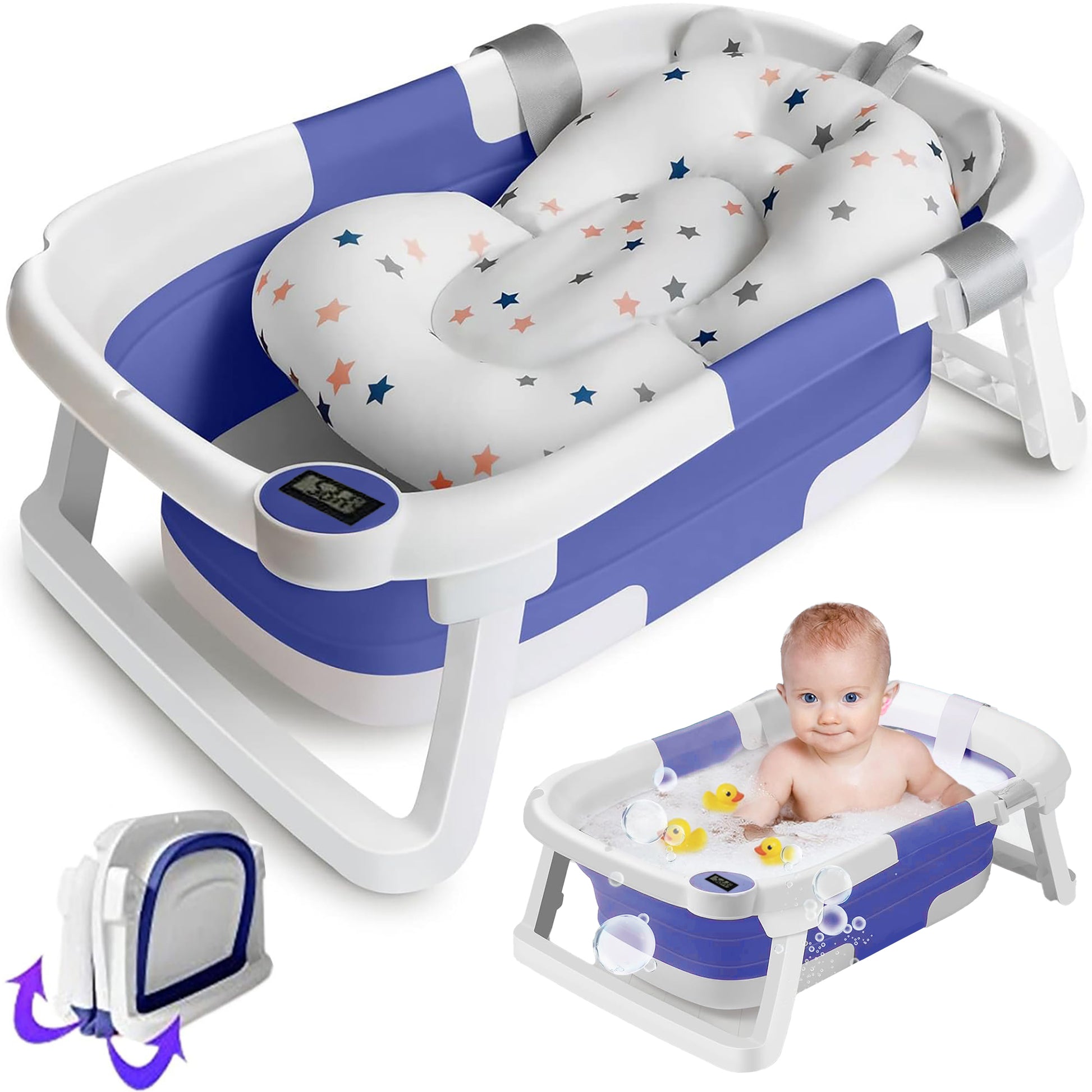 Morfone Collapsible Baby Bathtub for Newborn to Toddler 0-36 months with Thermometer, Hooded Towel, Soft Cushion and Bath Toys, Portable Travel Baby Tub with Drain Hole