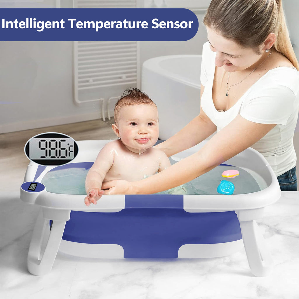 Morfone Collapsible Baby Bathtub for Newborn to Toddler 0-36 months with Thermometer, Hooded Towel, Soft Cushion and Bath Toys, Portable Travel Baby Tub with Drain Hole