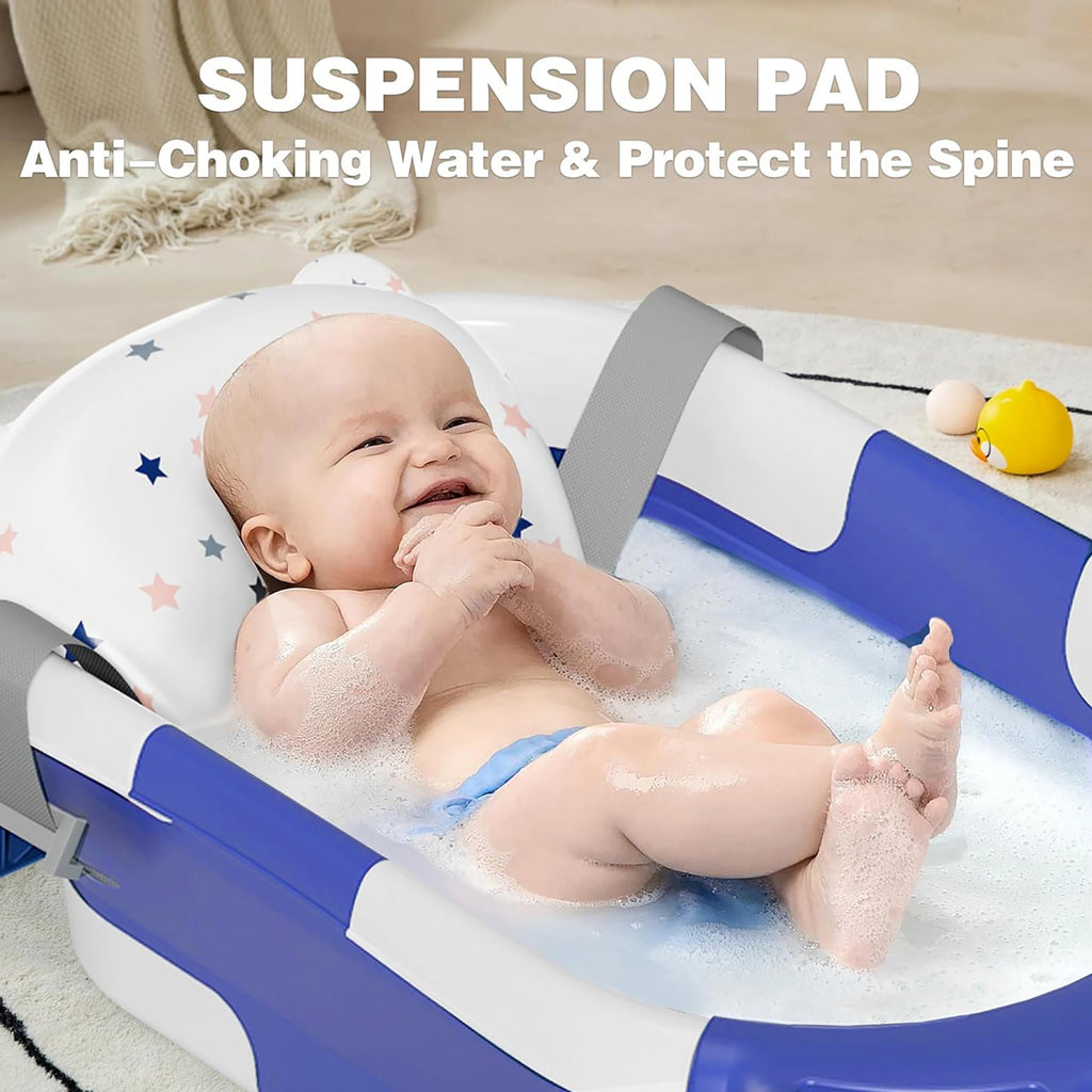 Morfone Collapsible Baby Bathtub for Newborn to Toddler 0-36 months with Thermometer, Hooded Towel, Soft Cushion and Bath Toys, Portable Travel Baby Tub with Drain Hole
