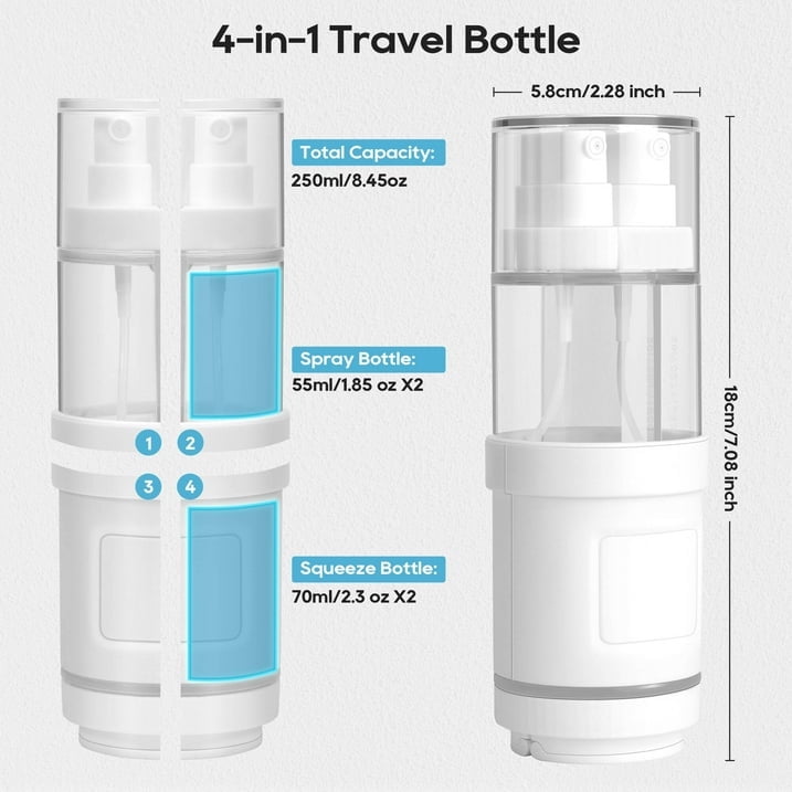 Morfone Travel Bottles for Toiletries, 4 in 1 TSA Approved Travel size Containers for Toiletries,Leak Proof Refillable Liqus Shampoo And Conditioner Travel Essentials toiletry Bottles
