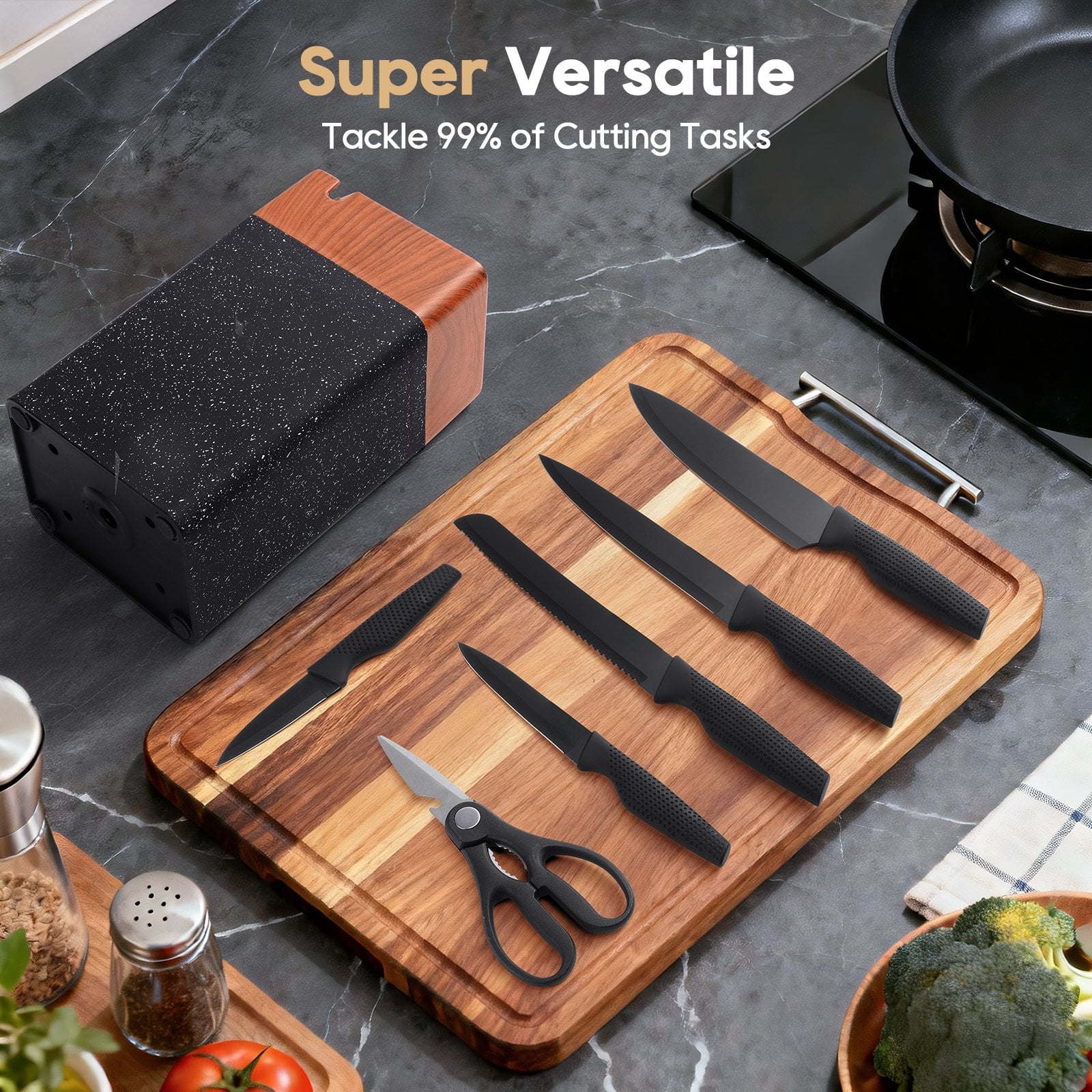 ACMETOP Knife Set, 7 Piece High Carbon Stainless Steel Kitchen Knife Block Set with Built in Sharpener, Black