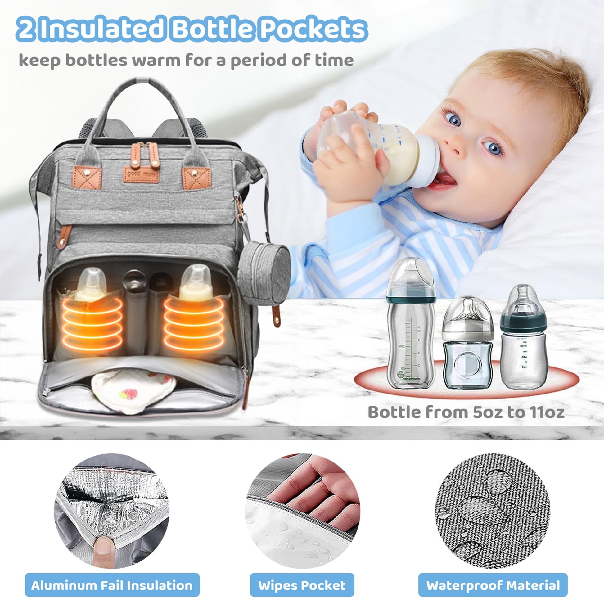 Morfone Baby Diaper Bag Backpack with Changing Station, Large Capacity Baby Bag, Waterproof Travel Backpack with USB Charging Port, Stroller Straps , Baby Shower Gifts