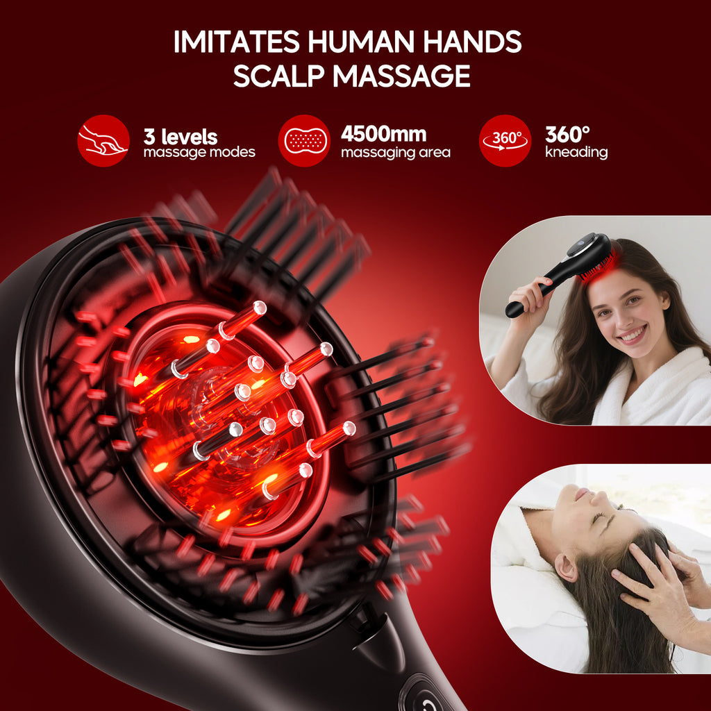 Morfone scalp massager and liquid applicator with red light electric scalp massage comb. 6 EMS roller balls + 650nm red light massage comb.