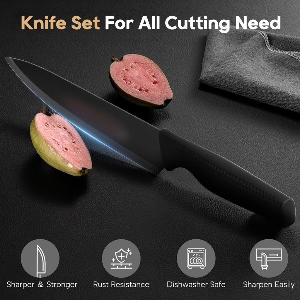 ACMETOP Knife Set, 7 Piece High Carbon Stainless Steel Kitchen Knife Block Set with Built in Sharpener, Black