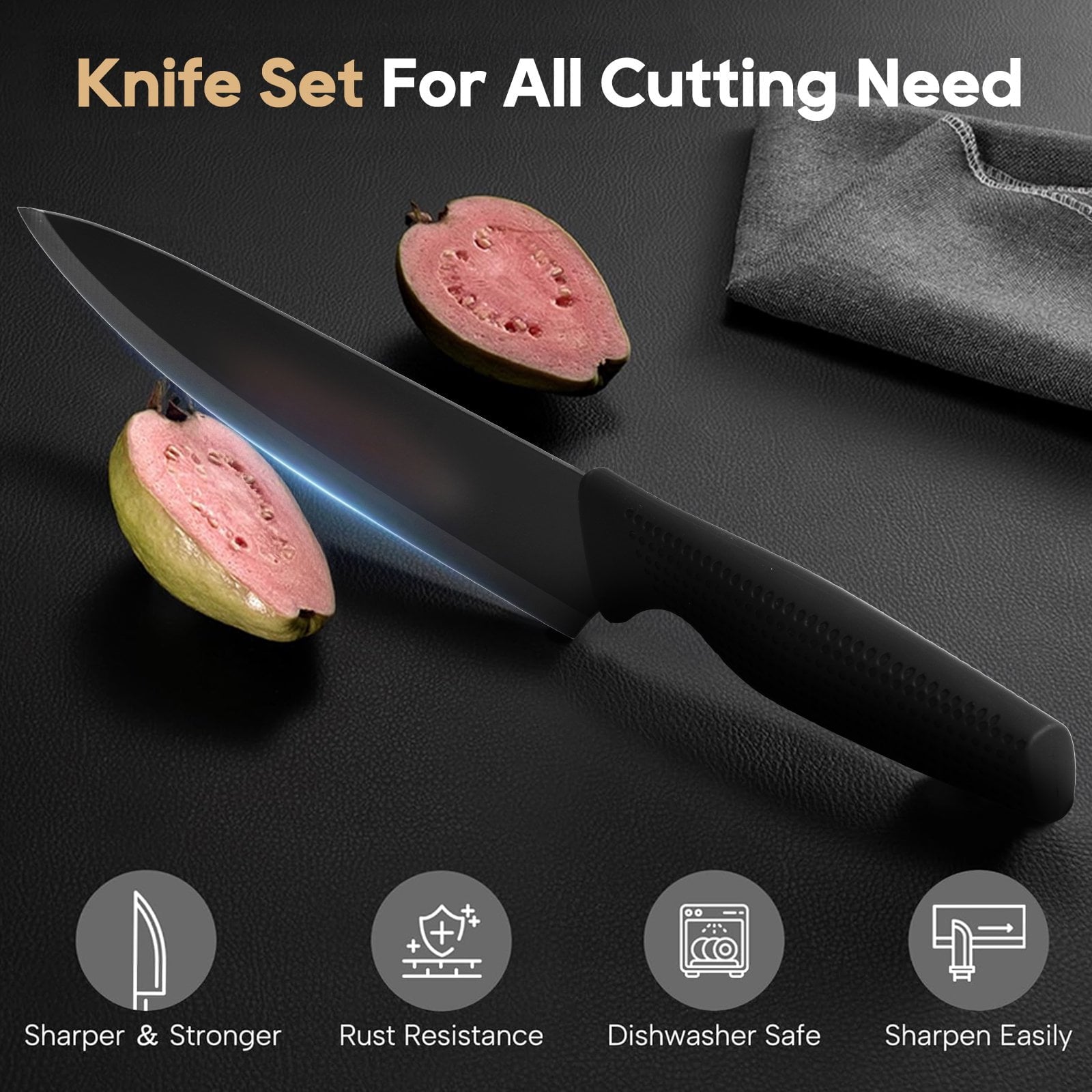 ACMETOP Knife Set, 7 Piece High Carbon Stainless Steel Kitchen Knife Block Set with Built in Sharpener, Black