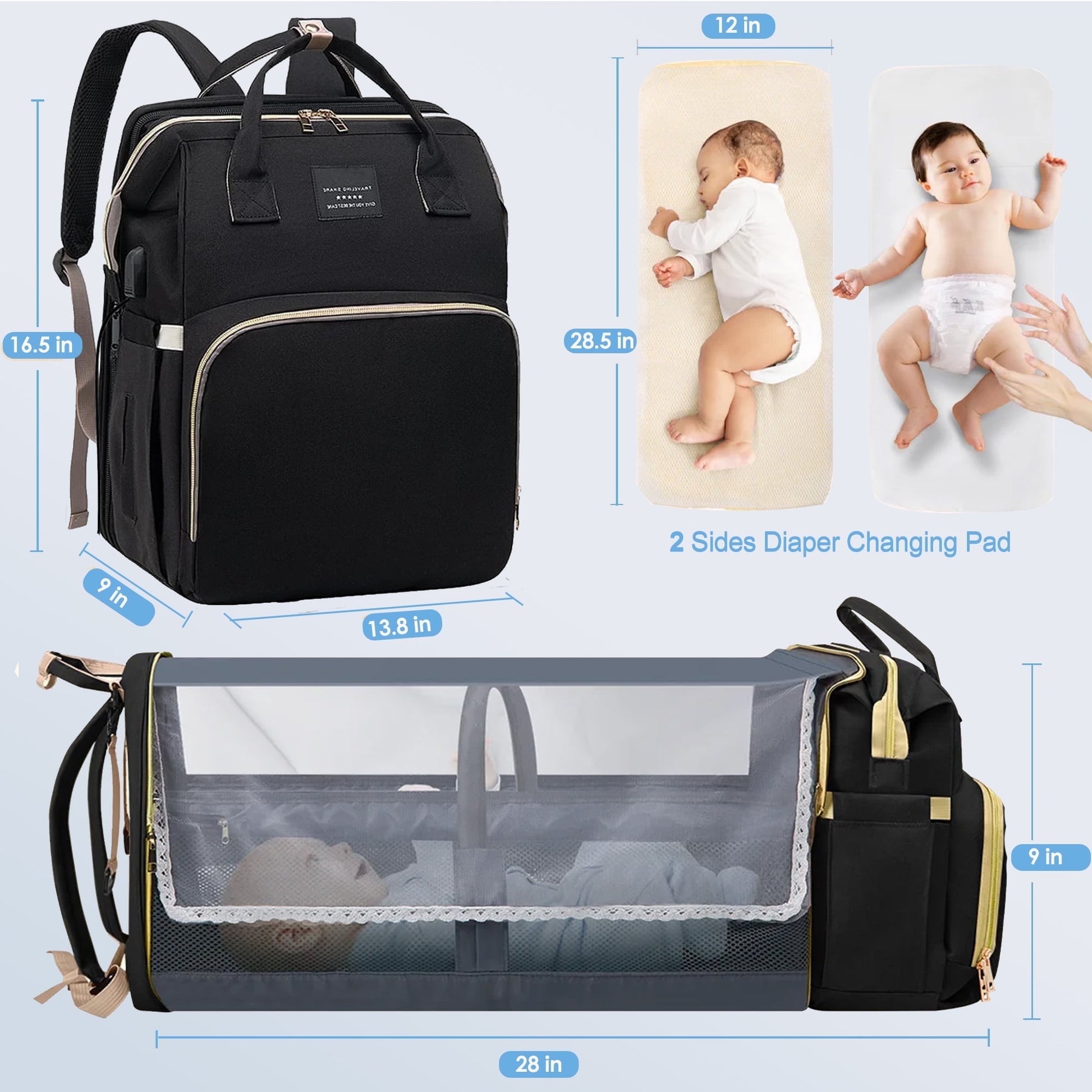 Morfone Baby Diaper Bag Backpack with Changing Station, Large Capacity Baby Bag, Waterproof Travel Backpack with USB Charging Port, Stroller Straps , Baby Shower Gifts