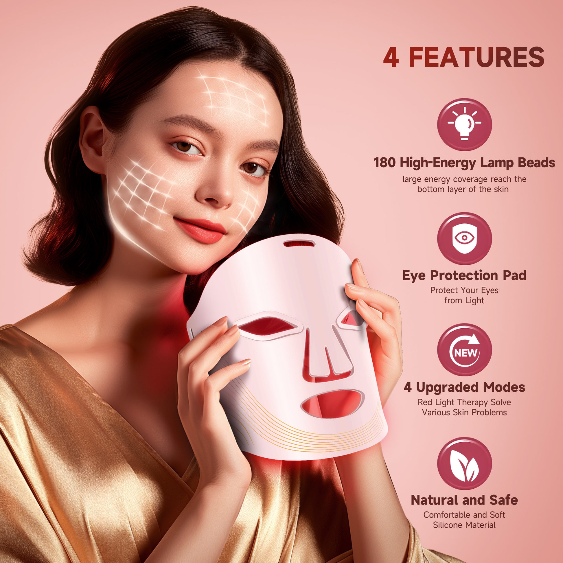Morfone 4-mode LED facial red light therapy lamp. Portable care set with remote control, suitable for home and travel skin therapy（Pink）