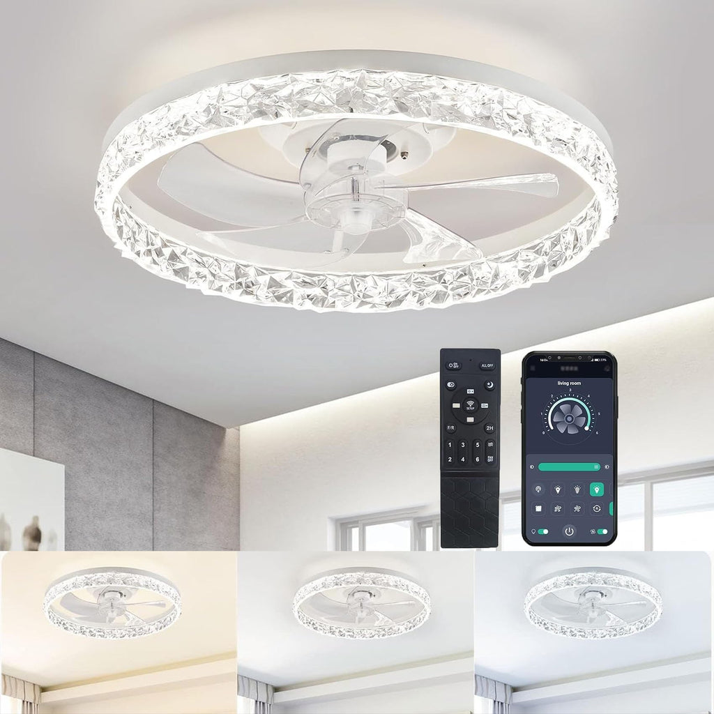 Beichen 20 Inch Flush Mount Ceiling Fan with Light, Crystal Fandelier, Stepless Color Temperature, 6 Speeds, Remote Control for Bedroom & Living Room