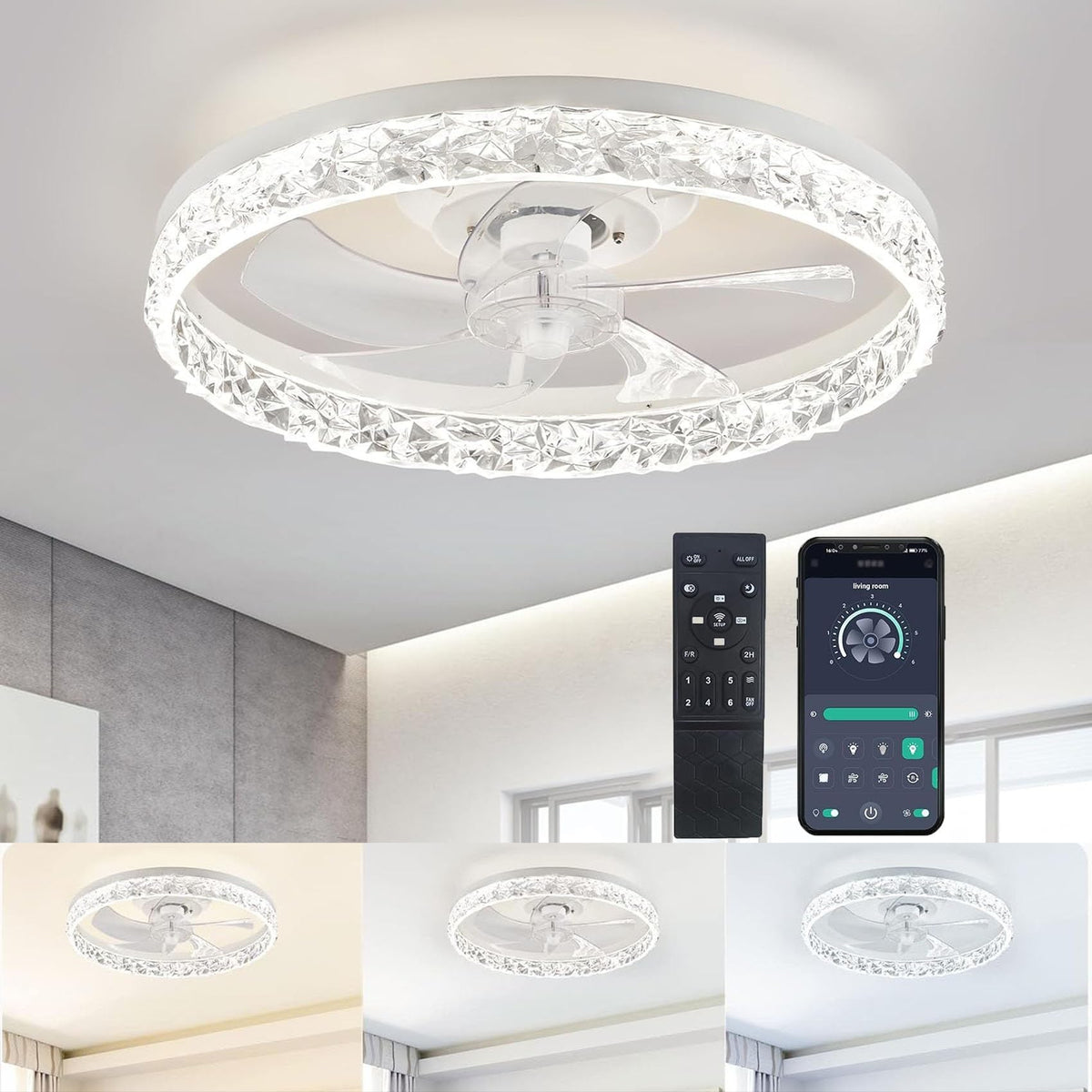 Beichen 20 Inch Flush Mount Ceiling Fan with Light, Crystal Fandelier, Stepless Color Temperature, 6 Speeds, Remote Control for Bedroom & Living Room