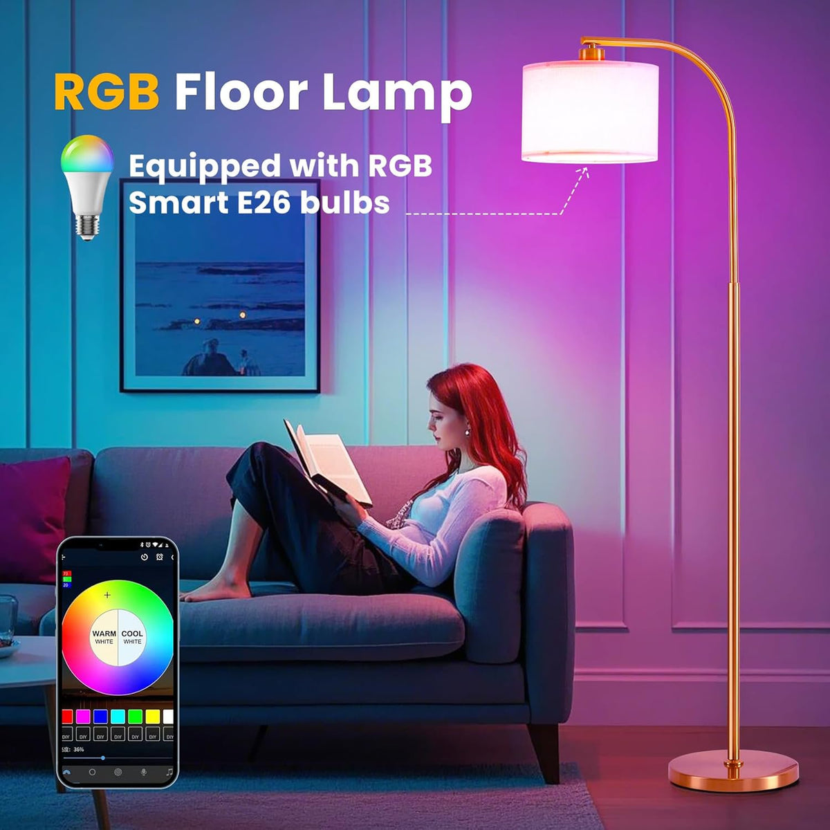 ACMETOP Floor Lamp for Living Room with Remote,Dimmable Tall Standing Lamps,Modern Floor Light with Smart RGB Bulb,App Control,3 Color Temperatures,Fabric Shades