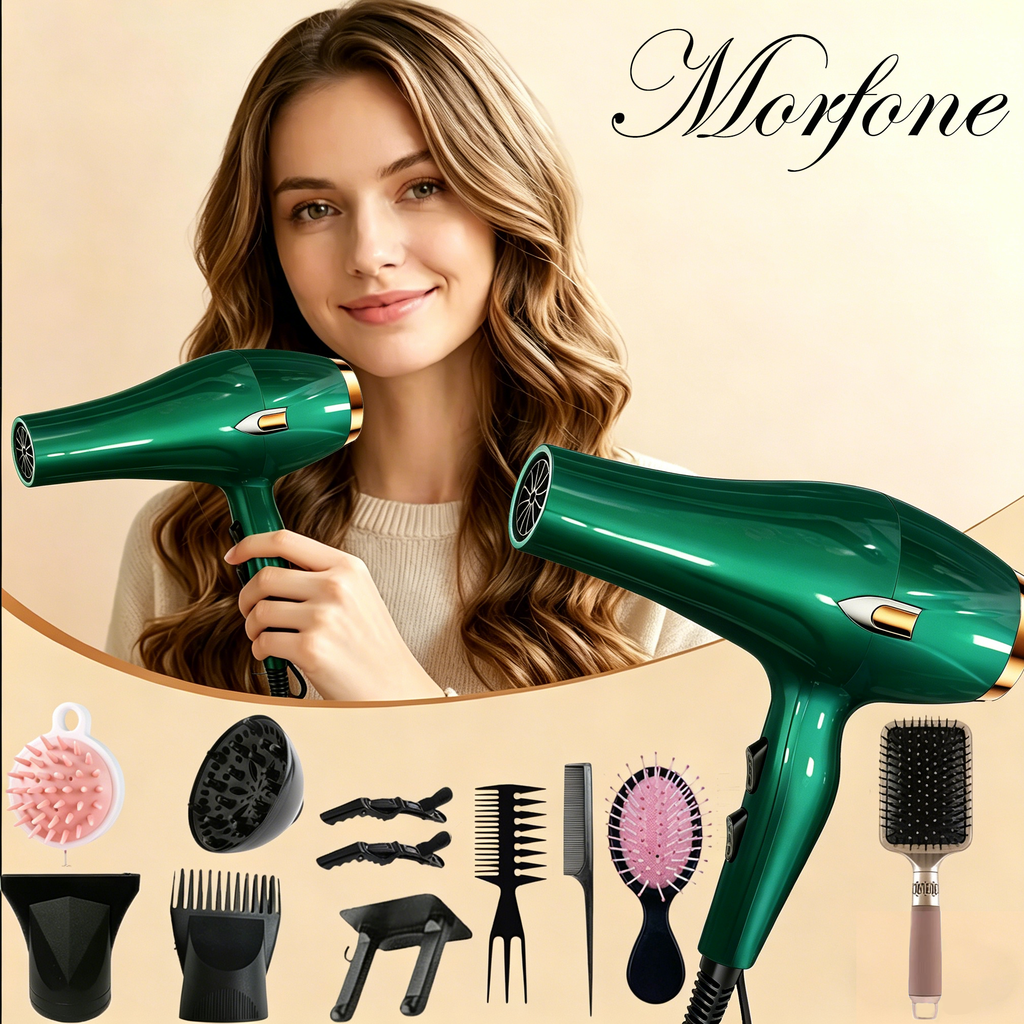 Morfone Negative Ion Hair Dryer with Diffuser and Concentrator Attachments 2 Speed and Heat Settings