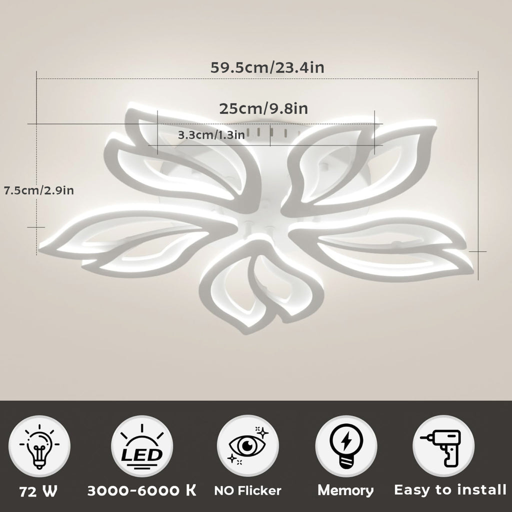 Anoak Ceiling Light,Dimmable Modern LED Ceiling Light with Remote, 23.6" 5-Petal Flower Light Fixtures for Living Room, Dining Room, Bedroom, Kitchen