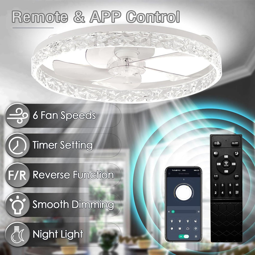 Beichen 20 Inch Flush Mount Ceiling Fan with Light, Crystal Fandelier, Stepless Color Temperature, 6 Speeds, Remote Control for Bedroom & Living Room