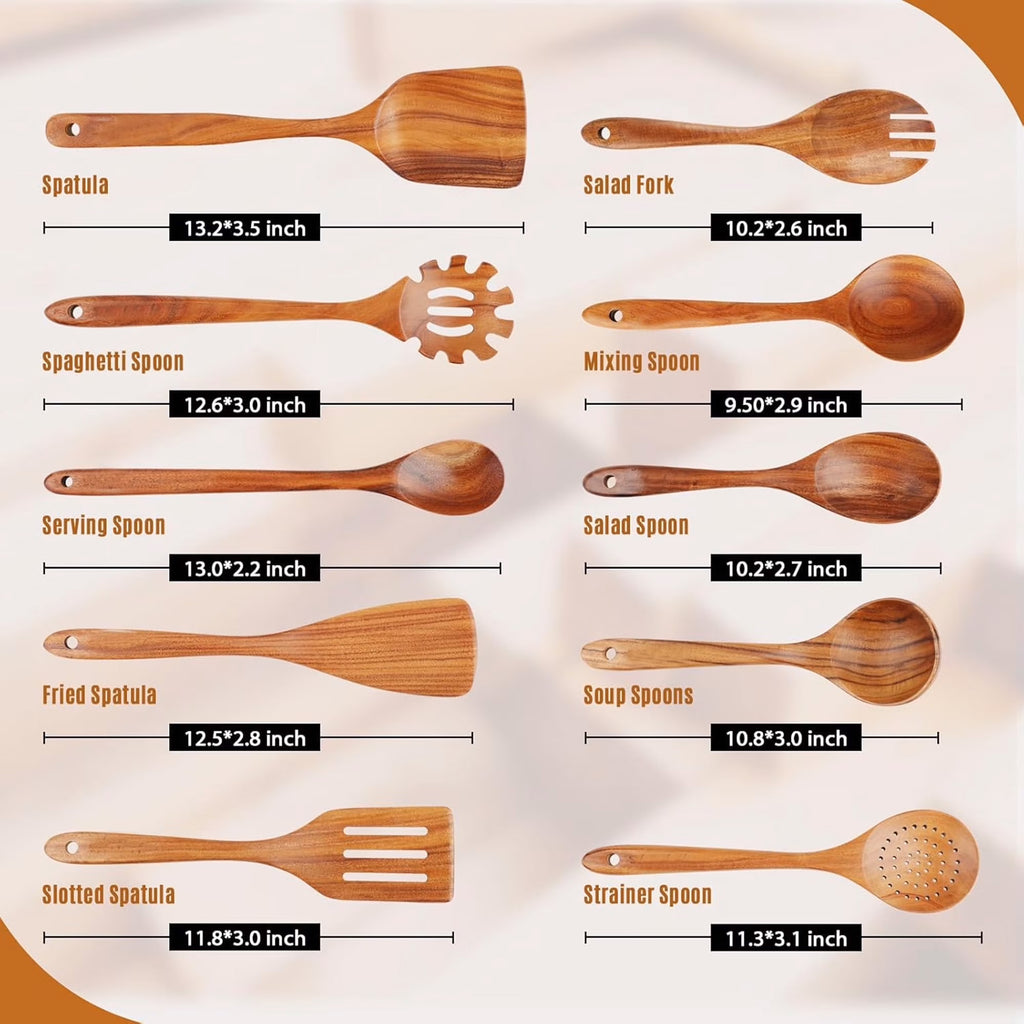 ACMETOP Wooden Spoons for Cooking, 10 Pcs Natural Teak Kitchen Utensil Set, Wooden Cooking Utensils Set for Nonstick Pans & Cookware