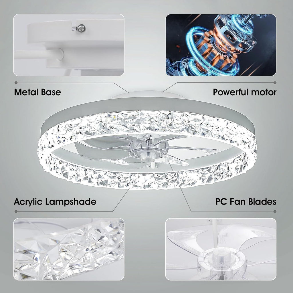 Beichen 20 Inch Flush Mount Ceiling Fan with Light, Crystal Fandelier, Stepless Color Temperature, 6 Speeds, Remote Control for Bedroom & Living Room