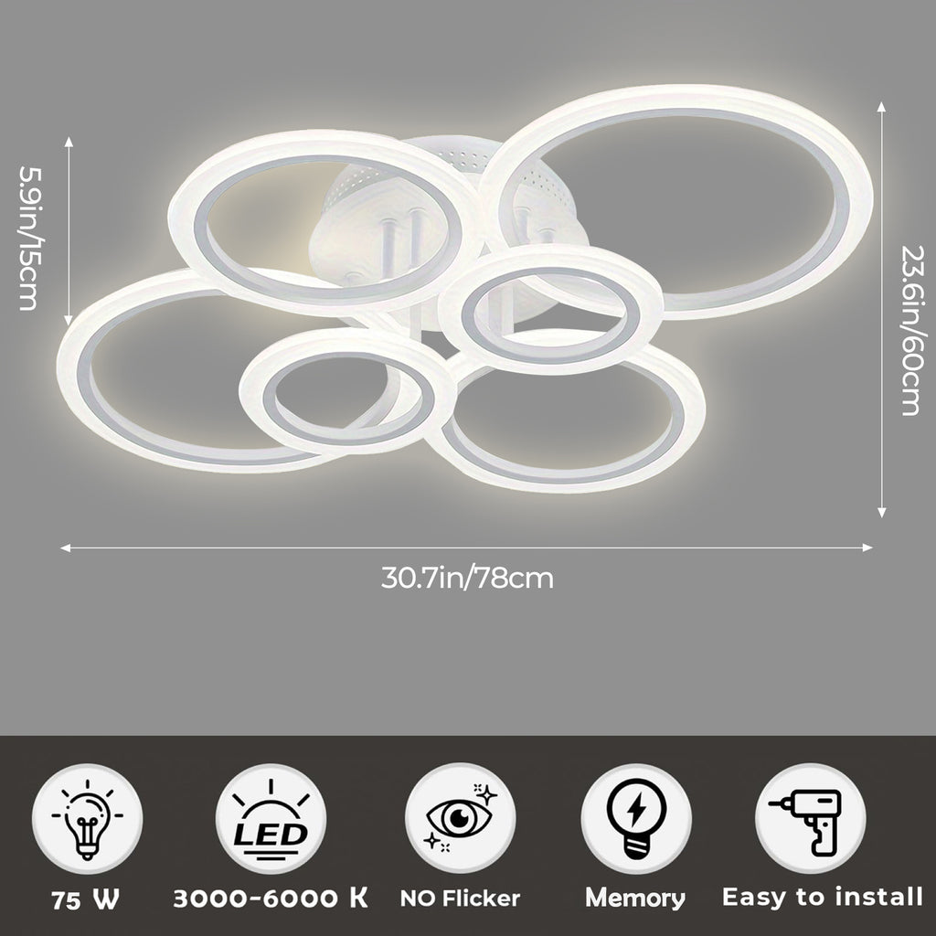 Anoak Ceiling Light, Dimmable Modern LED Ceiling Light with Remote Control, 30.7" 6-Ring Light Fixture for Living Room, Dining Room, Bedroom, Kitchen