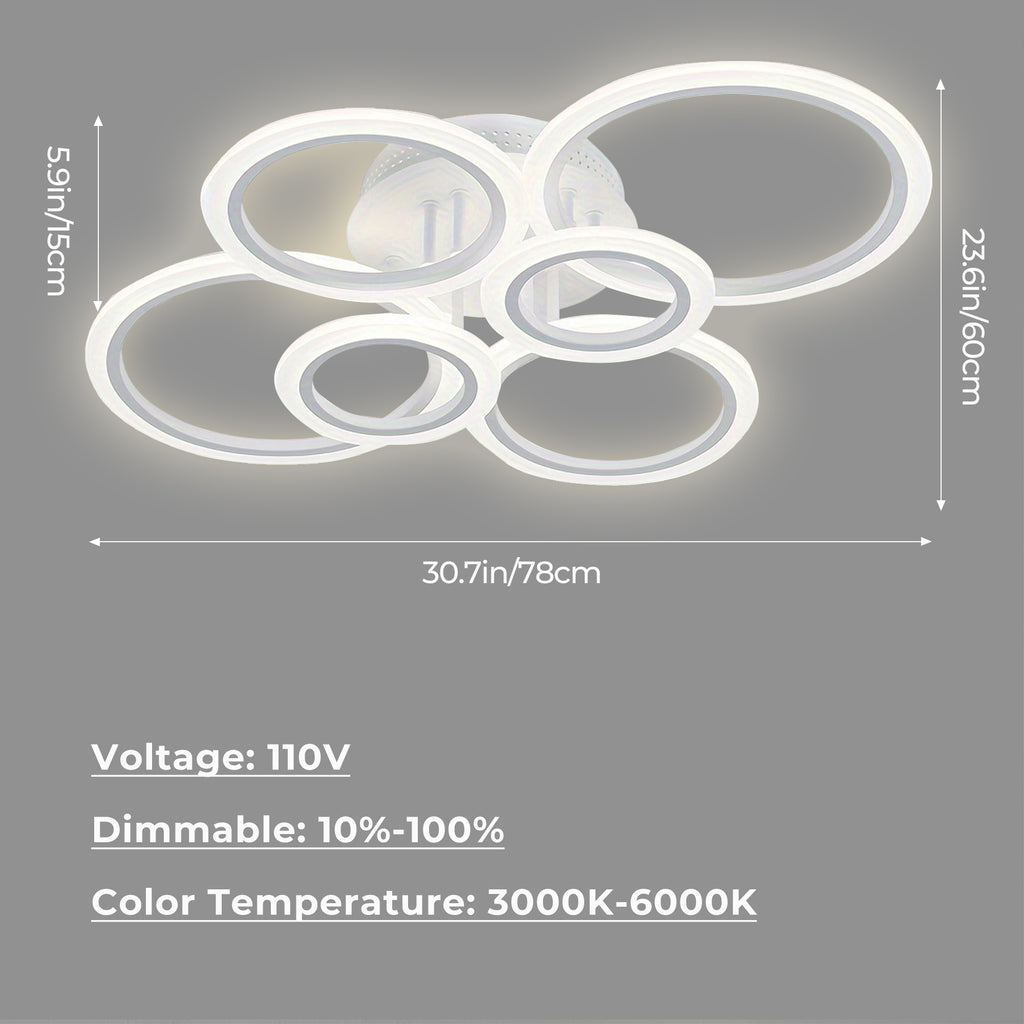 Anoak LED Ceiling Light with Remote 7 Rings White Close to Ceiling Lights 31.8" 130W 3000K-6500K Flush Mount Ceiling Lamp for Living Room,Bedroom,Kitchen
