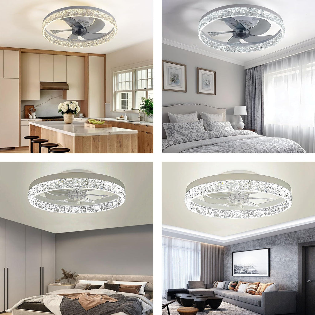 Beichen 20 Inch Flush Mount Ceiling Fan with Light, Crystal Fandelier, Stepless Color Temperature, 6 Speeds, Remote Control for Bedroom & Living Room