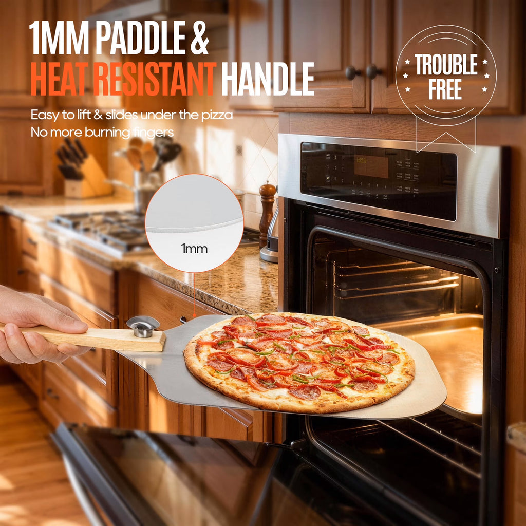 ACMETOP Pizza Peel 12 inch, Aluminum Metal Pizza Paddle Spatula with Foldable Wood Handle Rocker Cutter, Pizza Oven Accessories for Baking Homemade Pizza Bread