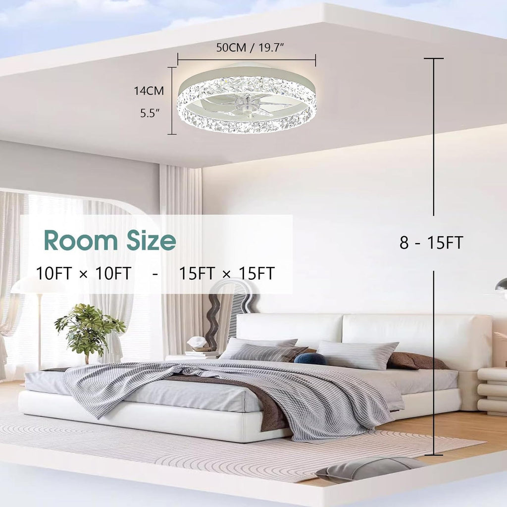 Beichen 20 Inch Flush Mount Ceiling Fan with Light, Crystal Fandelier, Stepless Color Temperature, 6 Speeds, Remote Control for Bedroom & Living Room