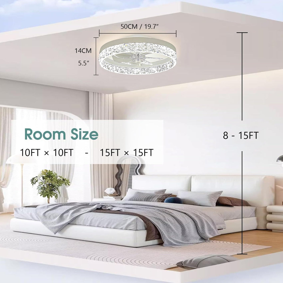 Beichen 20 Inch Flush Mount Ceiling Fan with Light, Crystal Fandelier, Stepless Color Temperature, 6 Speeds, Remote Control for Bedroom & Living Room