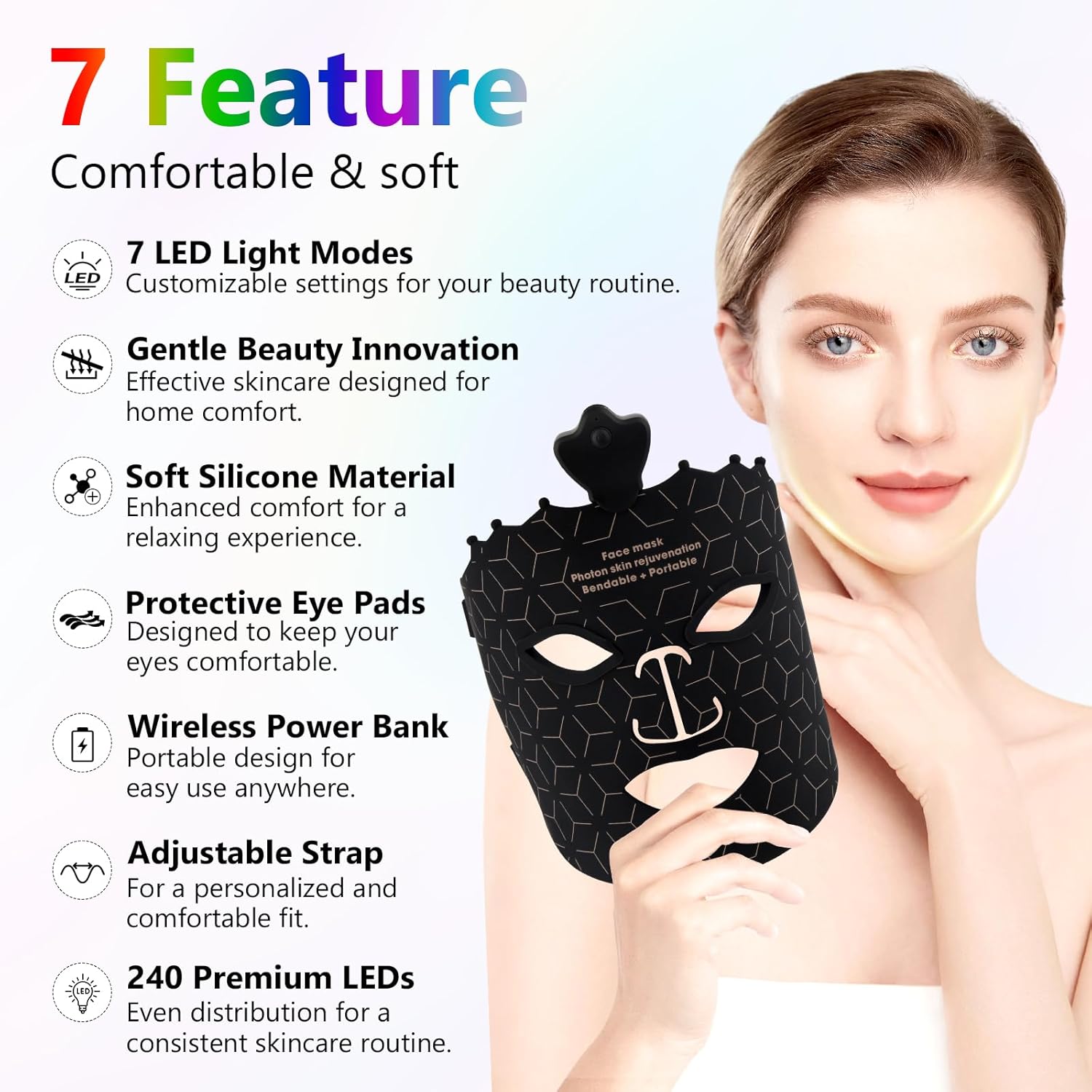 Morfone 9 Color LED Face Mask, Wireless LED Face Mask  with Eye Cushion, Lightweight Soft Silicone Red Light Mask for Face, Black