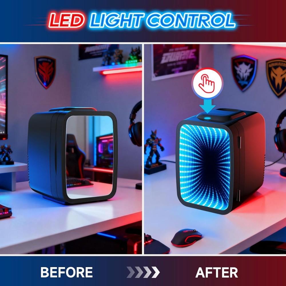 BEICHEN 4L Mini Fridge Adjustable LED Lighting AC/DC Portable Dual Temperature Bedroom Office Game Room Car Use