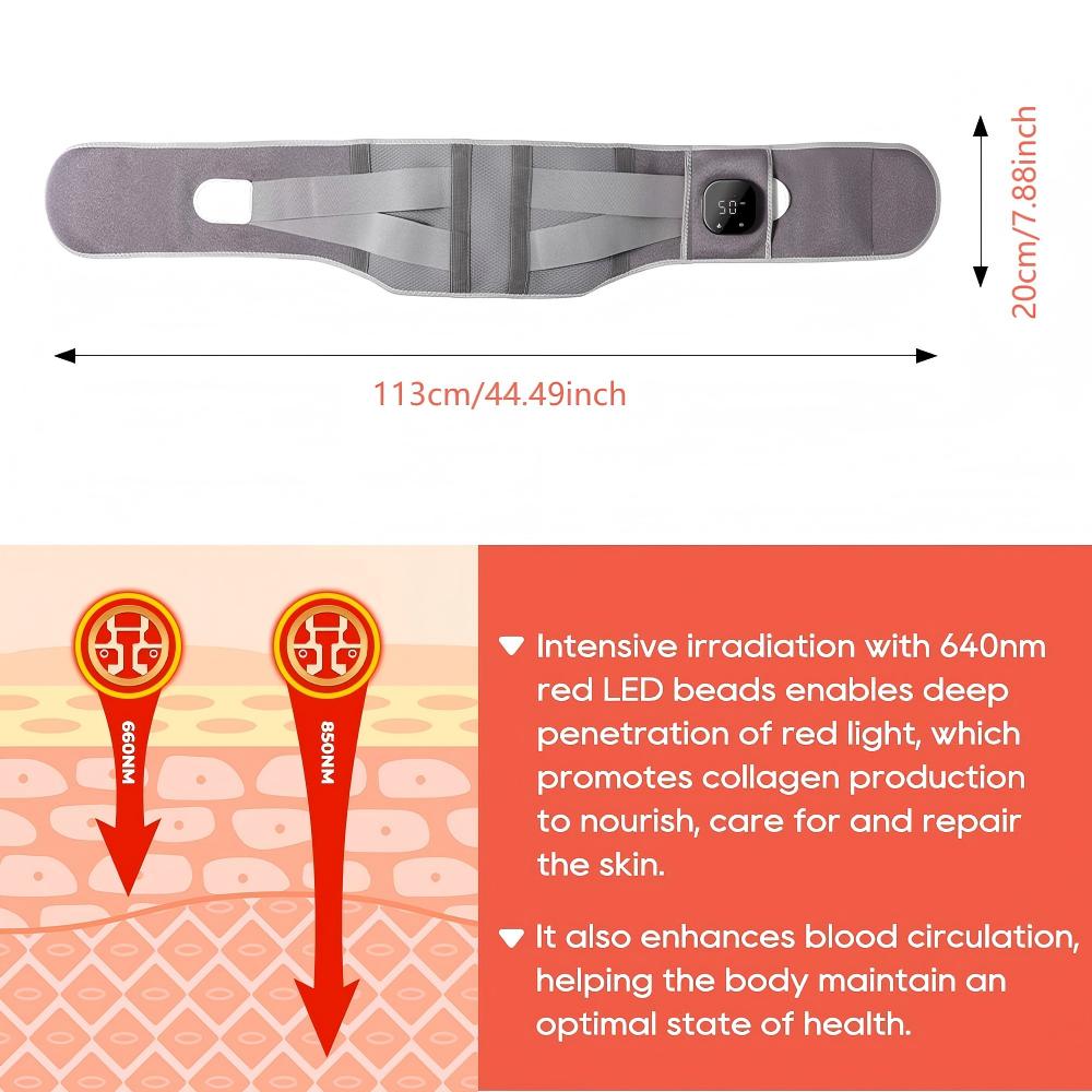 Morfone 660nm Wireless Red Light Therapy Belt. Features timer settings and three adjustable intensity levels—suitable for full-body use