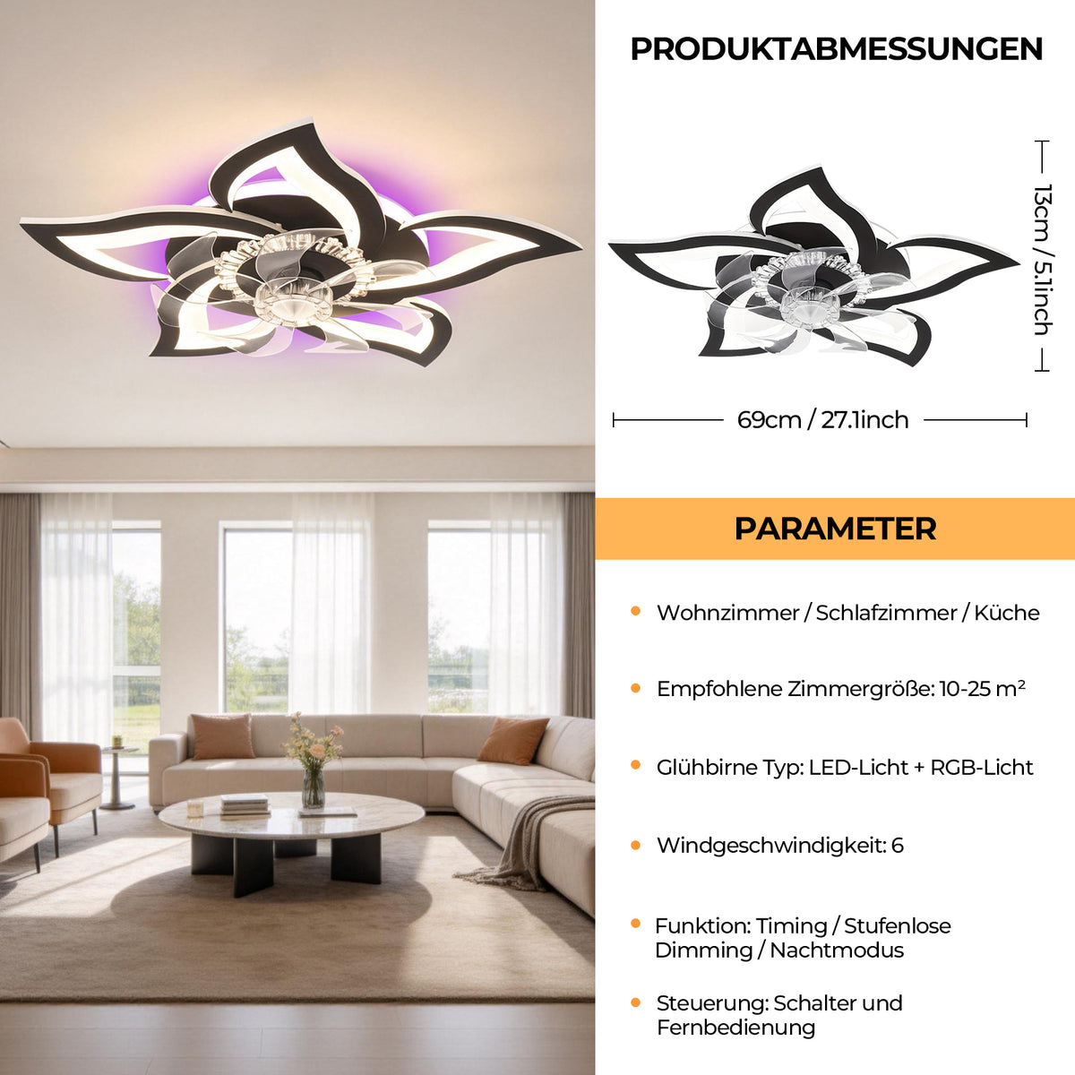 Beichen 27 Inch Flower Ceiling Fan with Light, 3000-6000K Dimmable LED, Low Profile Flush Mount, Remote, Quiet DC Motor for Bedroom&Living Room