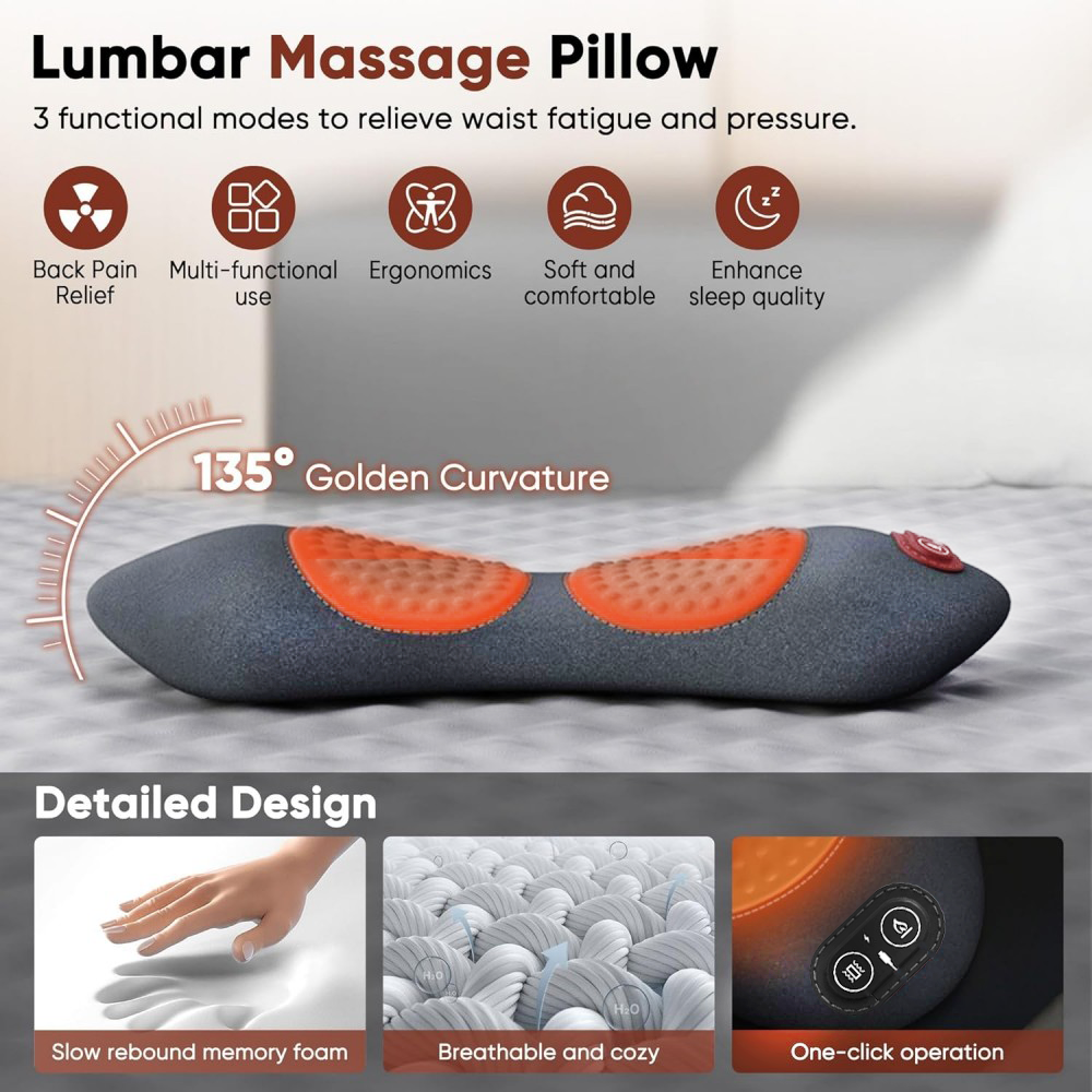 Morfone 3-in-1 Electric Lumbar Heating Massage Support Pillow for Car Home and Office Use